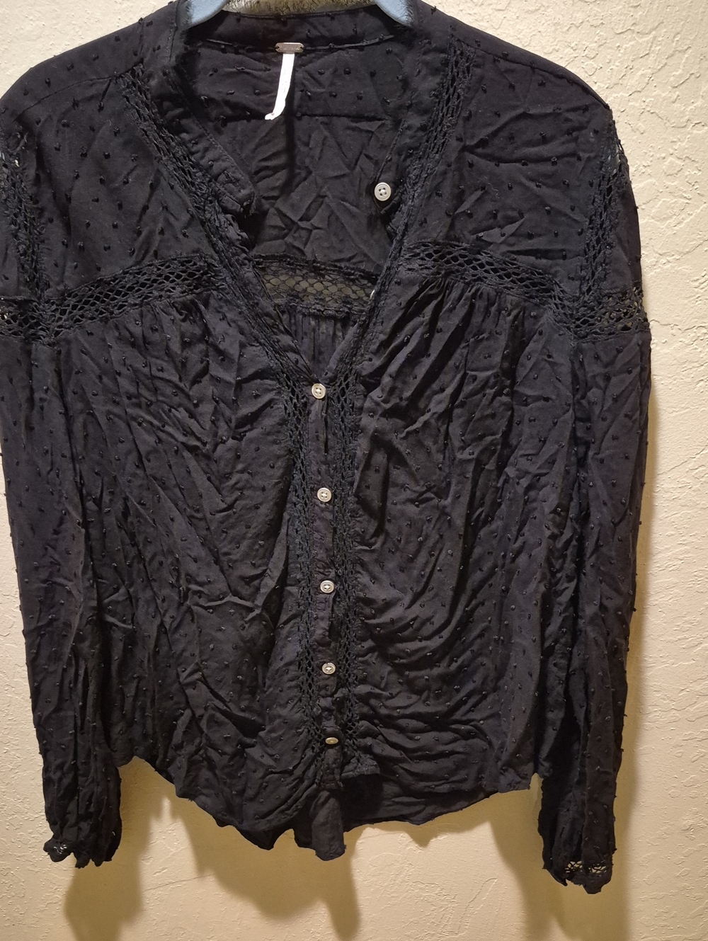Free People Black Swiss Dot Button-Front Blouse